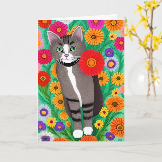 Denken Sie an Sie | Freundschaft Whimsical Cat Karte (Gelbe Blume)