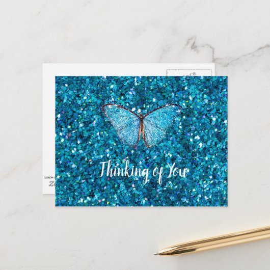 Denken Sie an Sie, Shiny Blue Butterfly Postkarte (Vorderseite/Rückseite Beispiel)