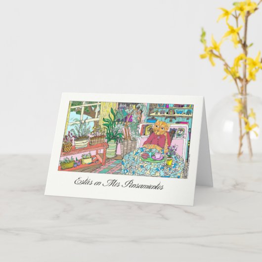 Denken Sie an Sie Spanisch mit Katze am Tisch Karte (Gelbe Blume)