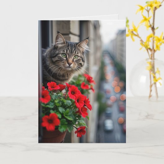 Denken Sie an Tabby Cat in Window Karte (Gelbe Blume)
