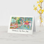 Denken Sie an Tante mit Katze am Tisch Karte (Gelbe Blume)