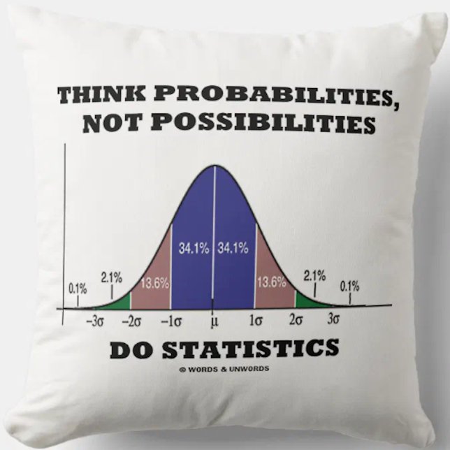Denken Sie an Wahrscheinlichkeiten, nicht an mögli Kissen (Stats advice throw pillow featuring bell curve distribution for any hypothesis tester!)