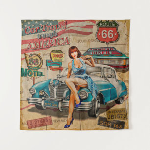 Denn Travel through America vintage poster. 66 Wandteppich