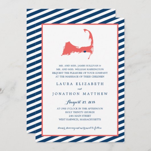 Dennisport Cape Cod Map and Stripes | Hochzeit Einladung (Vorne/Hinten)