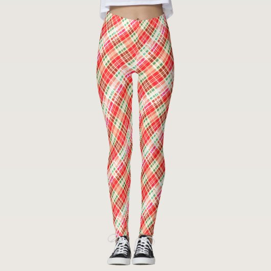 Dense Bright Diagonal Red Holiday Plaid Leggings (Vorderseite)