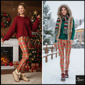 Dense Orange Red Festive Tartan Plaid Leggings