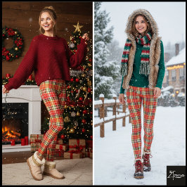 Dense Orange Red Festive Tartan Plaid Leggings