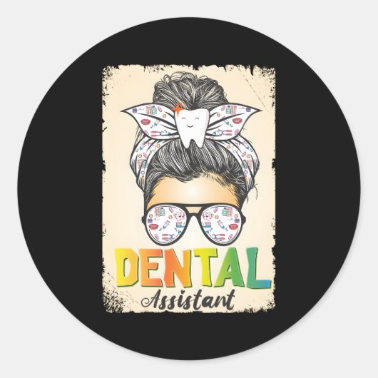 Dental Assistant Messy Bun Mundhygiene Runder Aufkleber (Vorderseite)