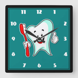 Dental Care Happy Tooth with Toothbrush Quadratische Wanduhr