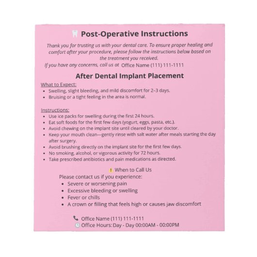  Dental Post Op Instructions Notepad (Implant) Notizblock (Vorderseite)