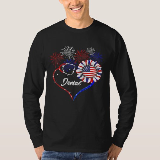 Dental Stethoscope Firework Sunflower America Flag T-Shirt (Vorderseite)