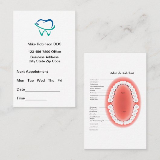 Dentist Appointment And Tooth Chart Busines Visitenkarte (Vorne/Hinten)