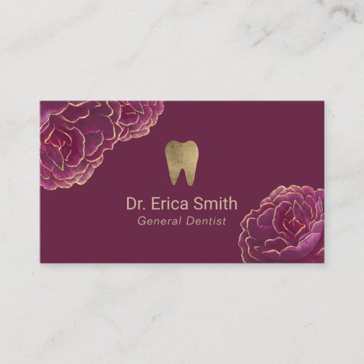 Dentist Gold-Tipped Burgundy Floral Dental Care Visitenkarte (Vorderseite)