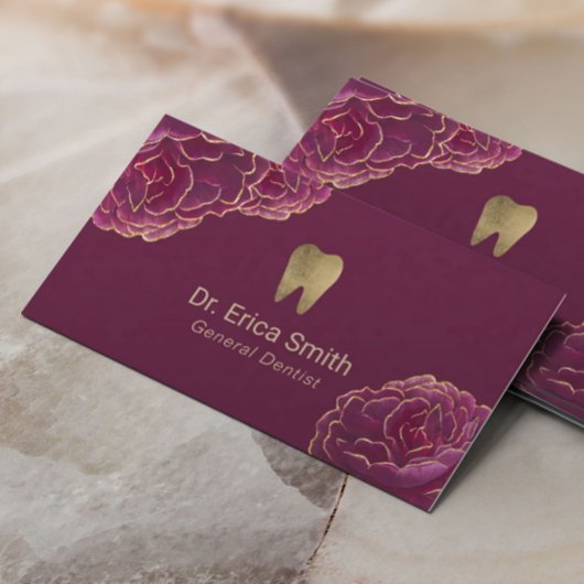 Dentist Gold-Tipped Burgundy Floral Dental Care Visitenkarte