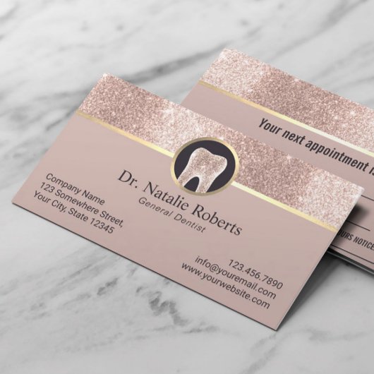 Dentist Luxus Rose Gold Glitzer Blush Dental Terminkarte