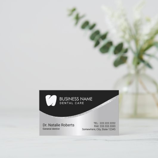 Dentist Modern Tooth Logo Silver Dental Care Terminkarte (Stehend Vorderseite)