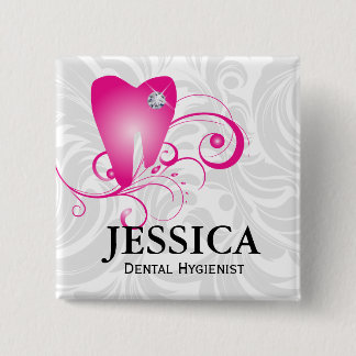 Dentist Name Tag Diamond Tooth Blätter Pink Button