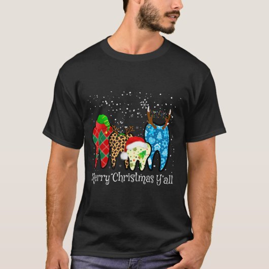Dentist Teeth Santa Hat Leopard Plaid Dental Merry T-Shirt (Vorderseite)