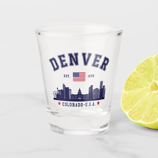 Denver CO Skyline Souvenir Design Schnapsglas (Vorderseite)