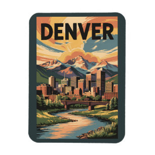 Denver Colorado Illustration Sunset Travel Art Magnet