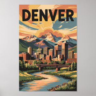 Denver Colorado Illustration Sunset Travel Art Poster