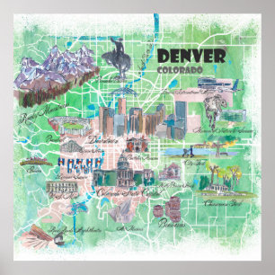 Denver Colorado USA Illustriert Karte mit Main Roa Poster