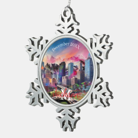 Denver Skyline Snowflake Pewter Weihnachtsschmuck Schneeflocken Zinn-Ornament (Rechts)