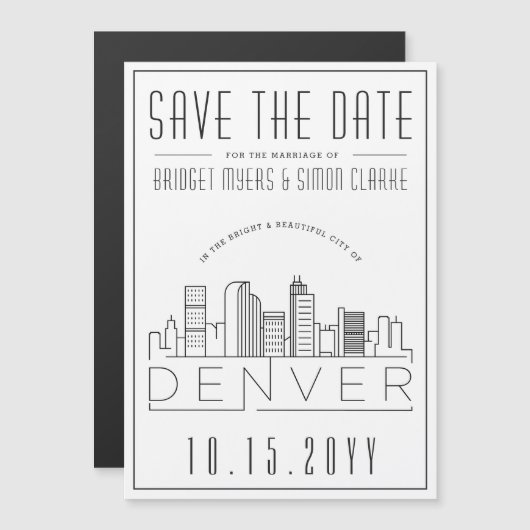 Denver Wedding | Stilisierte Skyline Save the Date Magneteinladung (Vorne/Hinten)
