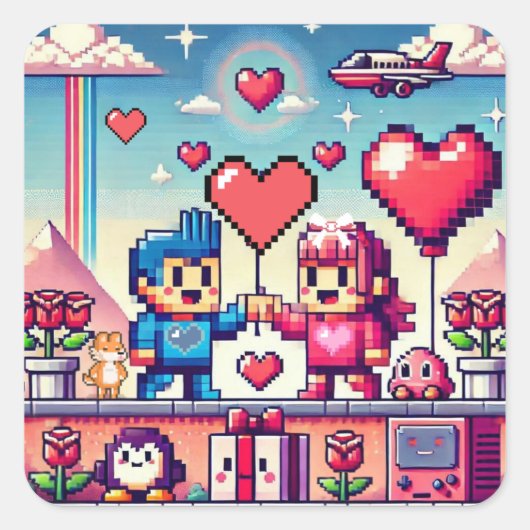 Der 8-Bit-Valentinstag Quadratischer Aufkleber (Vorderseite)