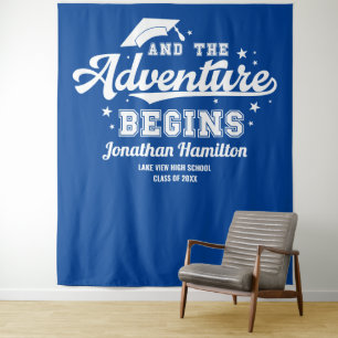 Der Abenteuer beginnt Blau Grad Party Hintergrund Wandteppich