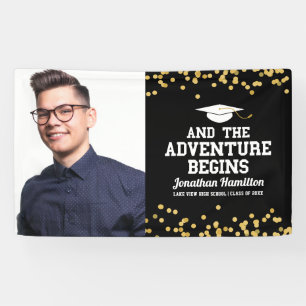 Der Abenteuer beginnt Schwarz Gold Abschlussfeier Banner