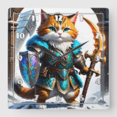 Der abenteuerliche Katzenkrieger im Magischen Rüst Quadratische Wanduhr (Vorderseite)