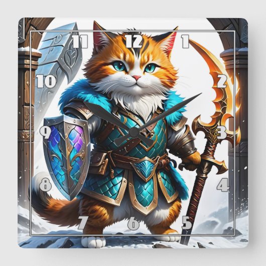 Der abenteuerliche Katzenkrieger im Magischen Rüst Quadratische Wanduhr (Vorderseite)