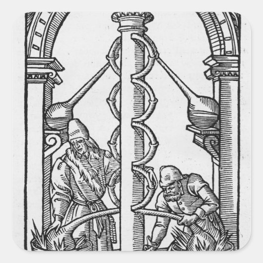 Der Alchemist am Arbeitsplatz Quadratischer Aufkleber (Vorderseite)