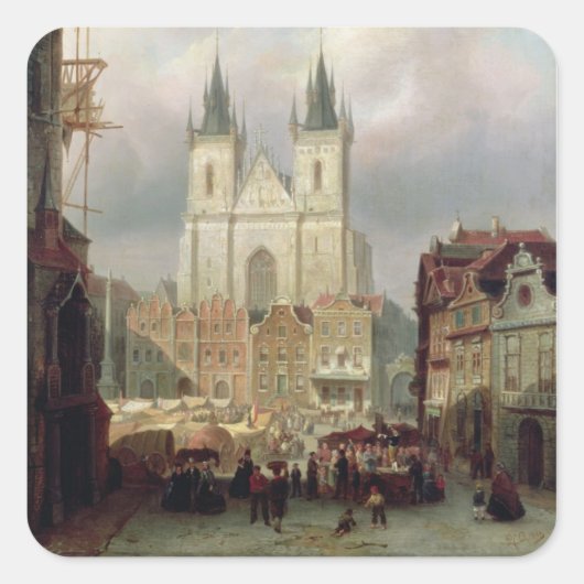 Der alte Marktplatz in Prag, 1881 (Öl auf Canva Quadratischer Aufkleber (Vorderseite)