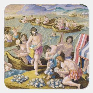 Der amerikanische Ureinwohner, der für Perlen Quadratischer Aufkleber