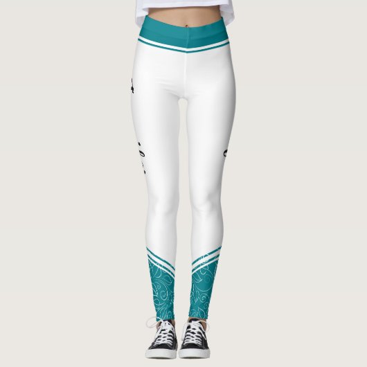 Der aquamarine, weiße, blumenweiße Name des Design Leggings (Vorderseite)