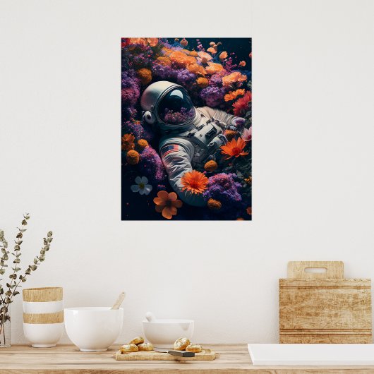 Der Astronaut liegt in bunten Blume Poster (Küche)