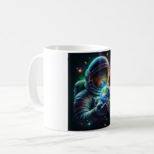 Der Astronaut verkörpert den Planeten Kaffeetasse