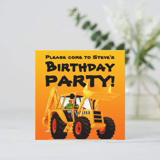 Der Bau-Party-Gelb-Gräber des Kindes Einladung (Stehend Vorderseite)