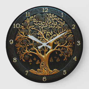 Der Baum des Lebens in Schwarz und Gold große Uhr