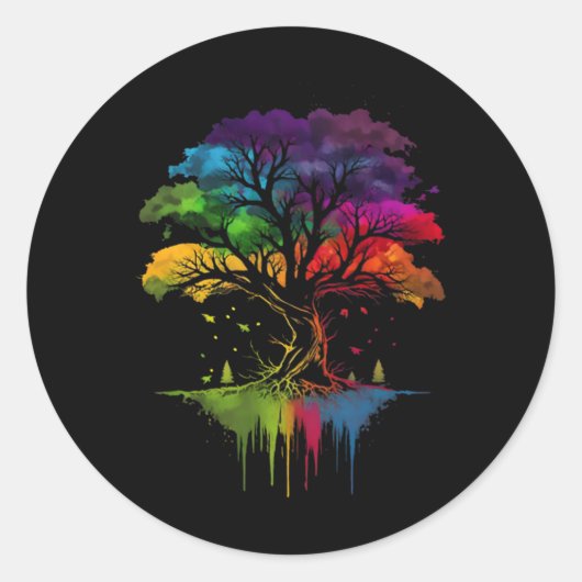 Der Baum des Lebens mehrfarbiger Baum wechselnder Runder Aufkleber (Vorderseite)