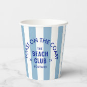 Der Beach Club Toast auf dem blauen Streifen der K Pappbecher (Rückseite)