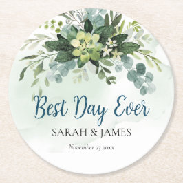 Der beste Tag je sukkulente Hochzeit florale botan Runder Pappuntersetzer