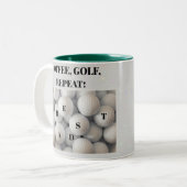 Der beste Vater. Kaffee, Golf, Wiederholung. Zweifarbige Tasse (Vorderseite Links)