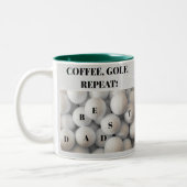 Der beste Vater. Kaffee, Golf, Wiederholung. Zweifarbige Tasse (Links)