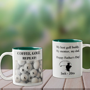 Der beste Vater. Kaffee, Golf, Wiederholung. Zweifarbige Tasse