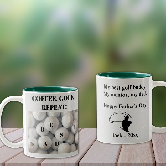 Der beste Vater. Kaffee, Golf, Wiederholung. Zweifarbige Tasse