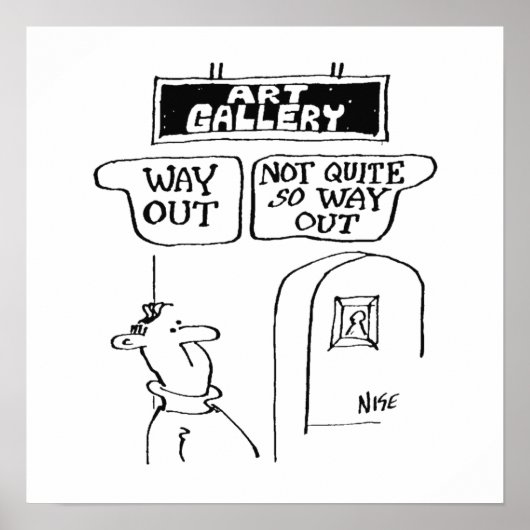 Der Besucher wird von Schildern in einer Kunstgale Poster (Vorne)