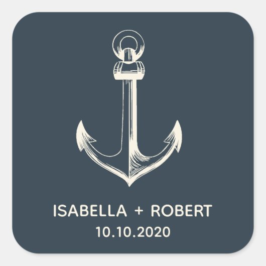 Der blaue Anker | Hochzeitsmonogramm Quadratischer Aufkleber (Vorderseite)